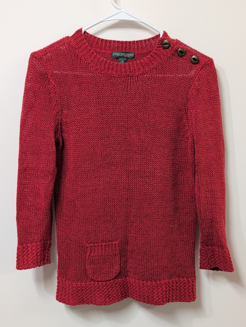 Lauren Jeans Co. Ralph Lauren Red Shoulder Button Knit Tunic Sweater